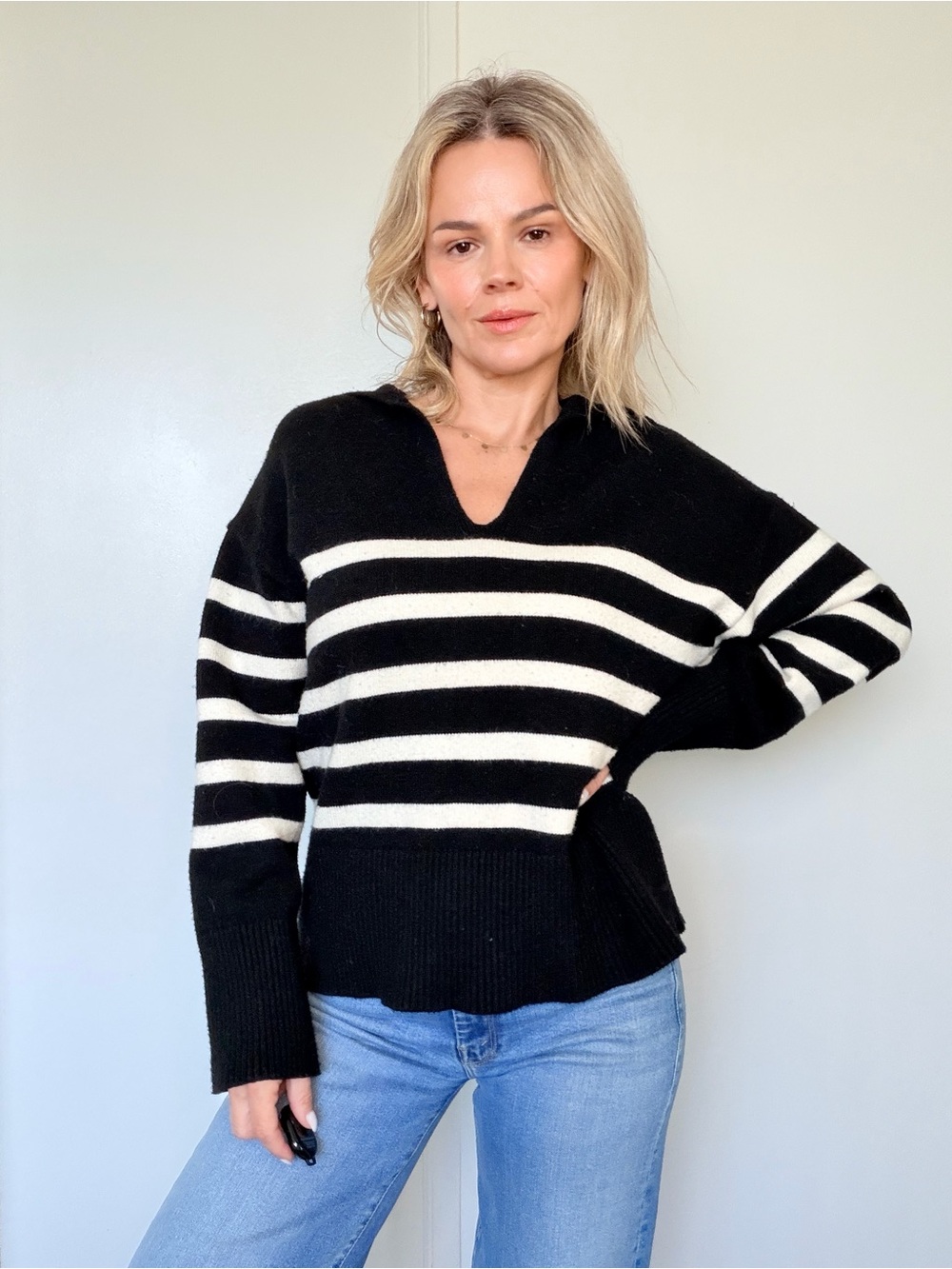 Zara Black & White Striped V-Neck Sweater